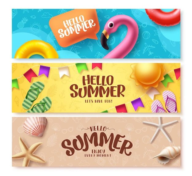 Design del set di banner vettoriali estivi ciao testo di saluto estivo per la raccolta della stagione tropicale delle vacanze