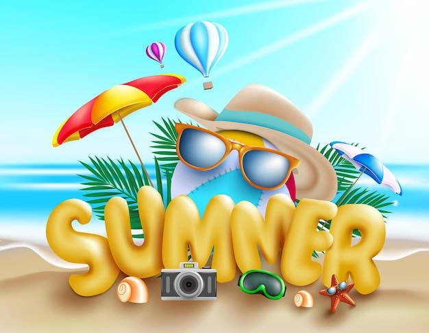 Summer vector concept design summer 3d text with fun and enjoy travel vacation elements