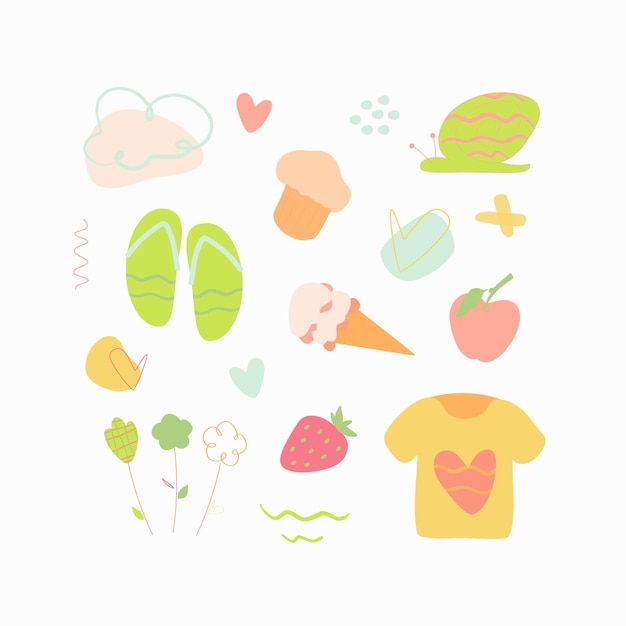 Summer vector icons. ice cream, snail, yellow shirt. summer food, clothes. abstract elements.