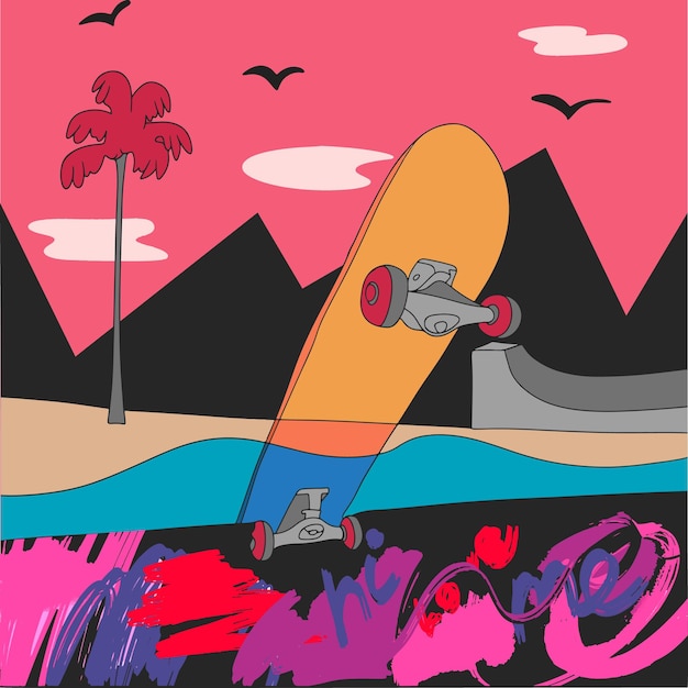 Vector summer vector illustration landscape skateboard on the beach curb graffiti