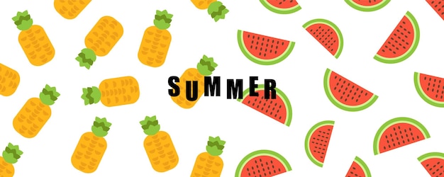 かわいいフルーツとスイカ マンゴー バナナ パイナップルの背景デザインの夏ベクトル イラスト