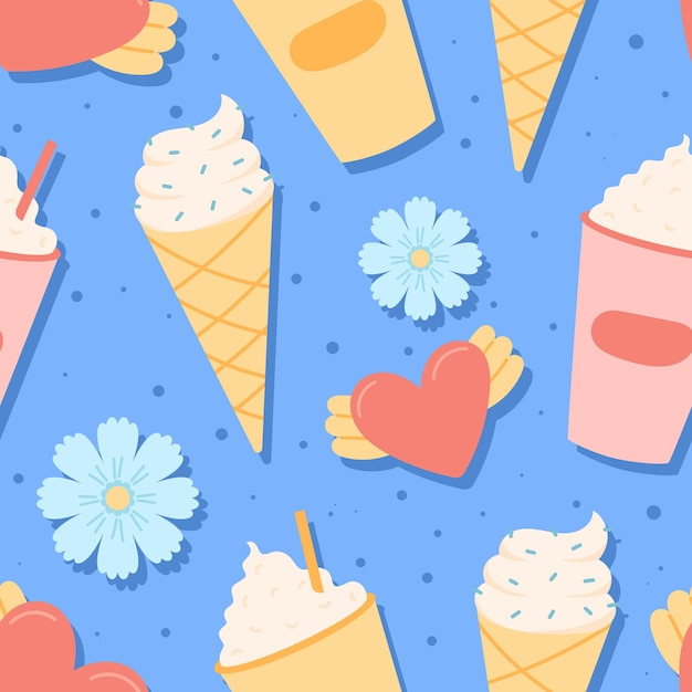 Summer vector seamless pattern with milkshake ice cream cone heart and flower icon