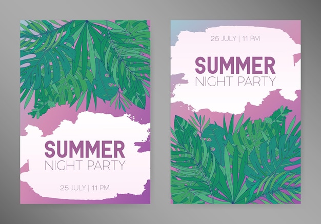 Summer vertical backgrounds with tropical leaves, monstera, chamaedorea and other palms. template for placard, poster, event invitation with place for text.