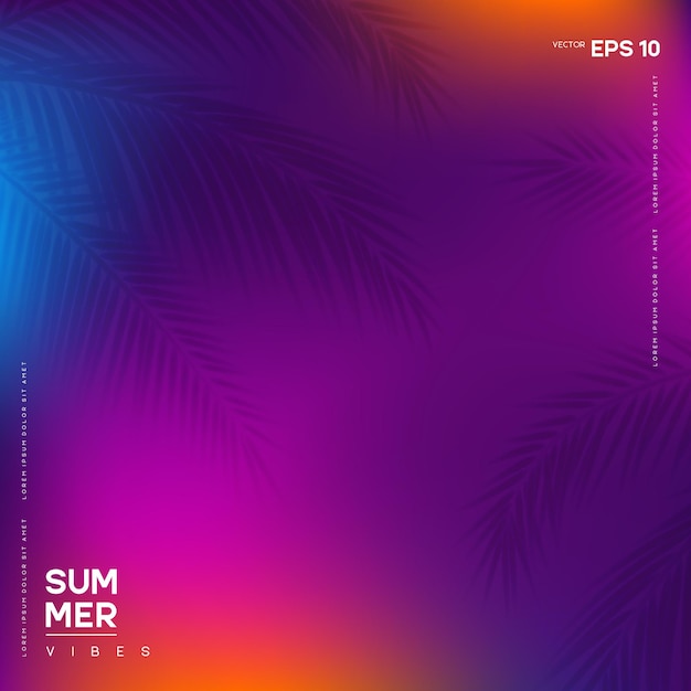 Summer vibes banner with abstract gradient colorful background and blur palm leaves