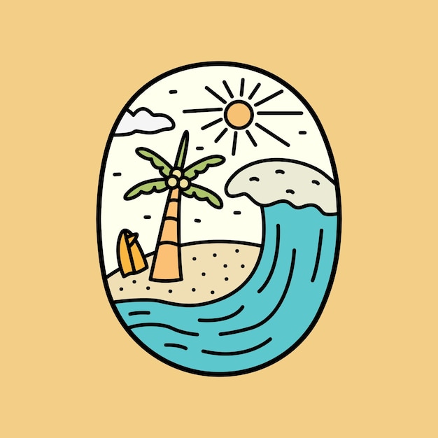 Summer vibes coconut and surfboard with waves in the beach design for badge patch emblem graphic vector art tshirt design