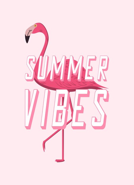 Summer vibes design poster with pink flamingo cartoon banner for summer time