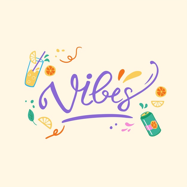 Summer vibes hand drawn illustration with typography Cocktails soda lemons oranges and leaves cliparts Cute and stylish design for postcard greeting card and social media Vector illustration