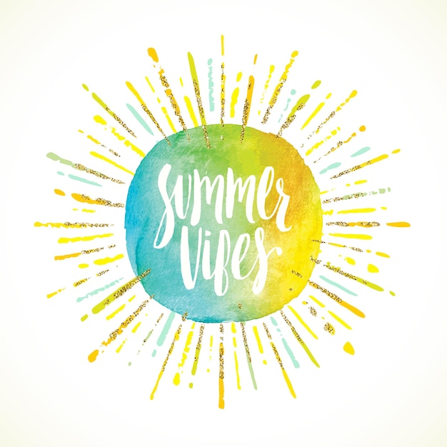 Summer vibes holidays greeting card with watercolor sun