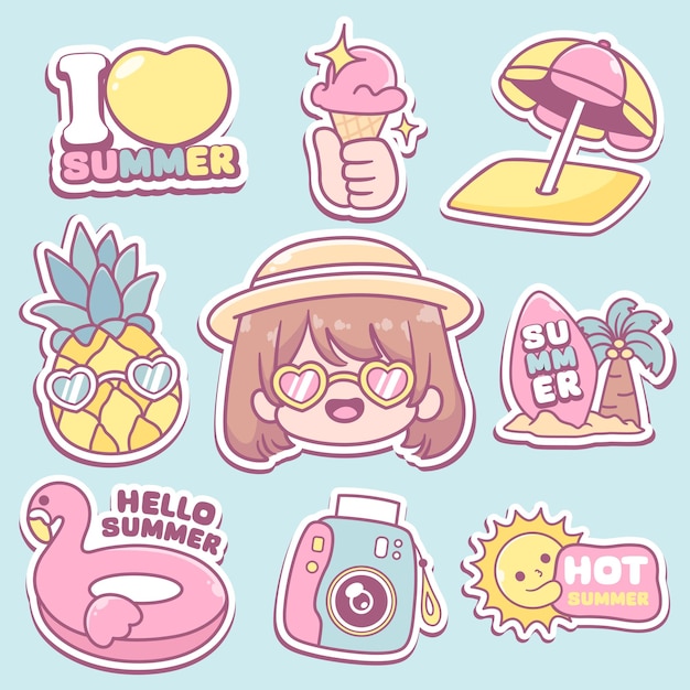 Summer vibes kawaii doodle elements badges collection