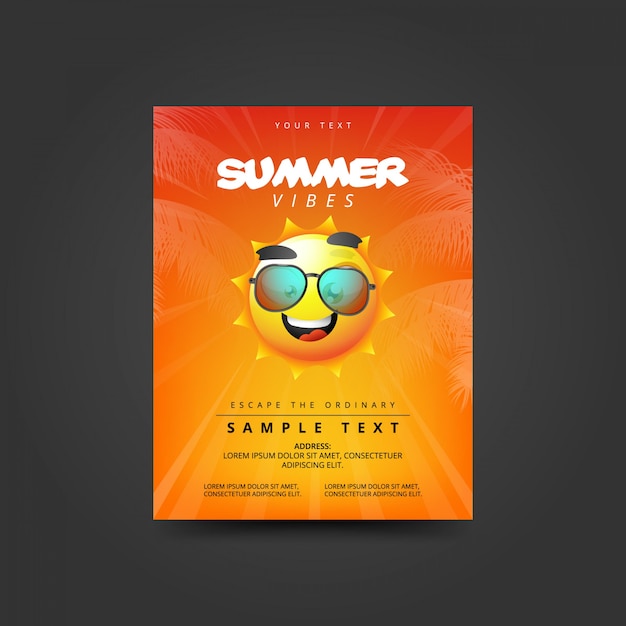 Vector summer vibes poster with sun in sunglasses