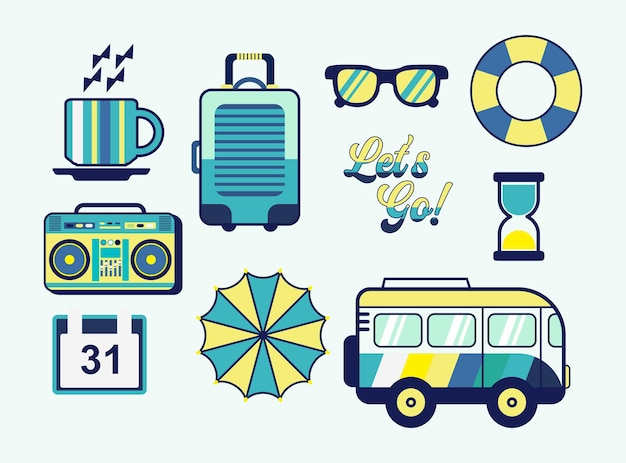 Summer vibes collezione retrò pacchetto set illustrazione clip art vettoriale elemento furgone bagaglio vacanza