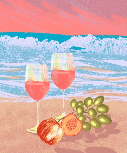Vector summer vibes sea view rose wine peaches and grape