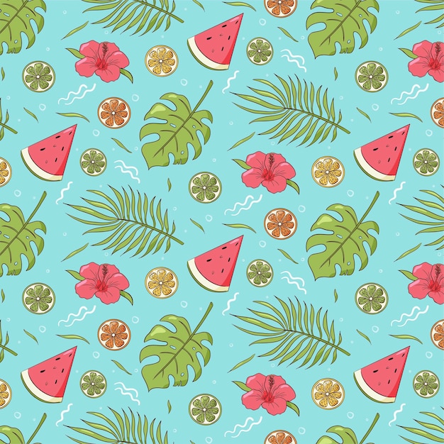 Summer Vibes Seamless pattern. Repeated ornament of tropical leaves, watermelon and citrus fruits. Hand drawn illustration for background, wrapping paper, wallpaper, bikini print, textile and texture