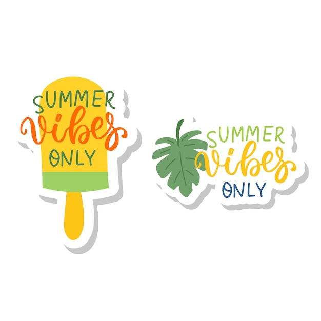 Summer vibes vector stickers set with fruit popsicle and monstera leaf