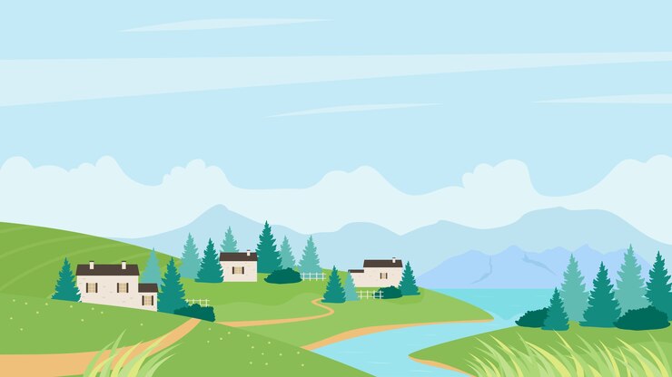 Vector 川の風景の近くの夏の村夏の自然のパノラマの背景