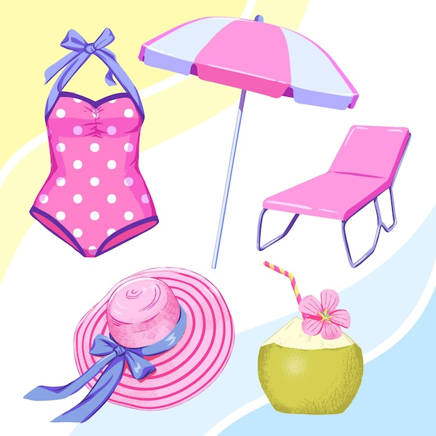 summer vintage beach objects set Beach Umbrella tanning chair polka dot swimsuit hat cocnut