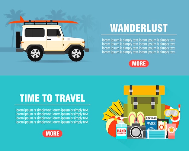 Summer wanderlust concept design flat banners set with suv Time to travel Travel icon Safe journey Vector illustration