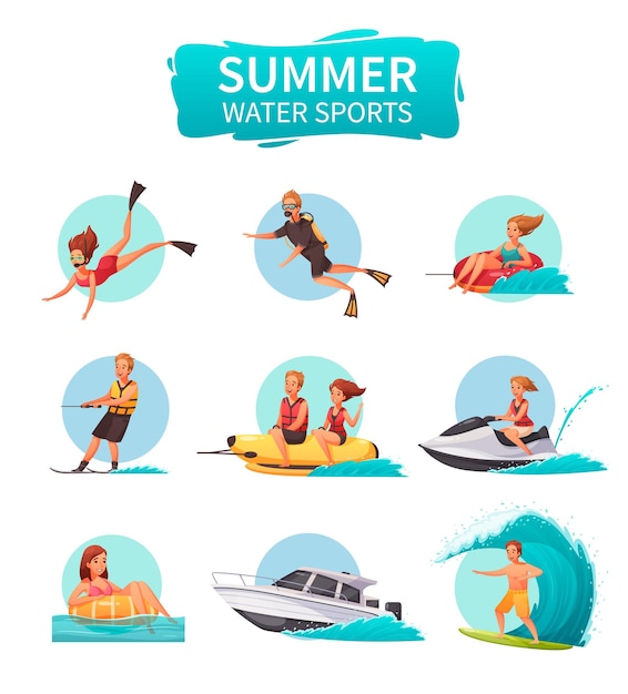 Vector summer water sports cartoon icons set with people diving sailing skiing surfing isolated on white background vector illustration