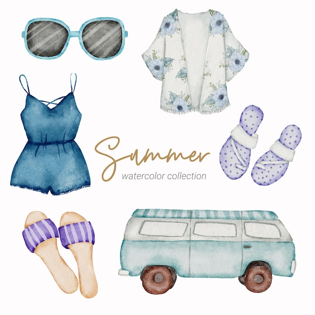 Summer watercolor element collection