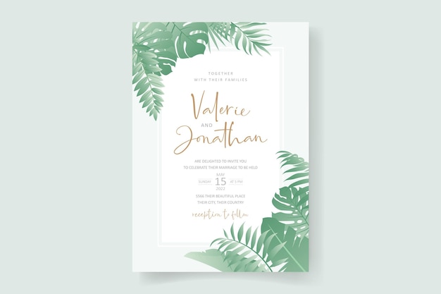 Summer wedding card design with tropical leaf ornament