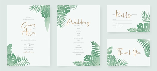 Summer wedding card design with tropical leaf ornament