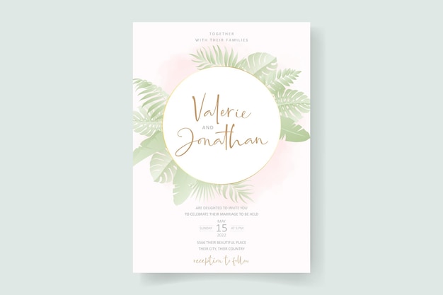 Summer wedding card design with tropical leaf ornament