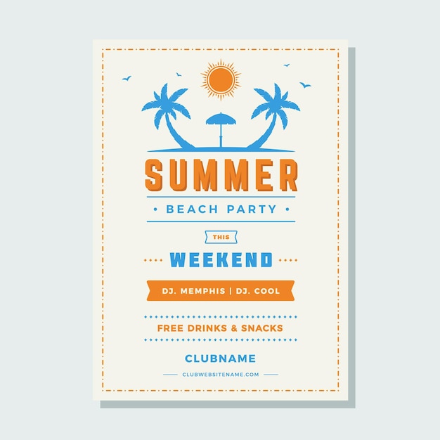Vector summer weekend disco party vintage poster template with palm trees beach umbrella and sun vector
