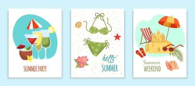 Summer weekend party element card set hot country tropical beach vacation flat vector illustration