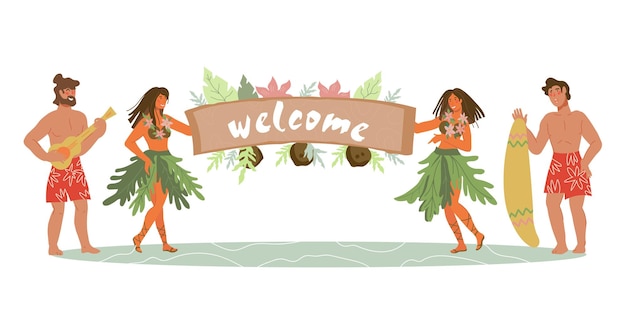 Banner di benvenuto estivo o modello di poster con ballerini hawaiani. invito a una festa in spiaggia tropicale o sfondo del cartello con foglie e personaggi di persone. illustrazione vettoriale piatta isolata.