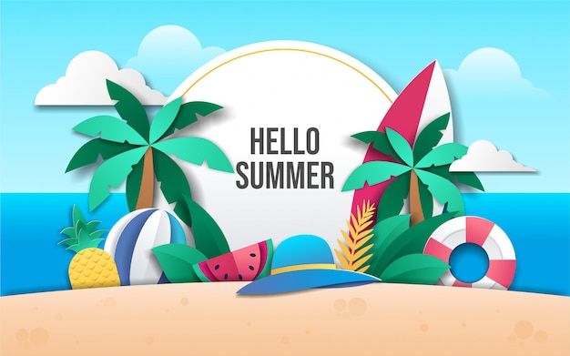 Summer with decoration origami on beach background