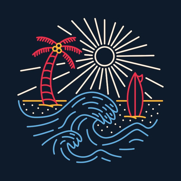 サーフィンのための良い波と良い夕日のグラフィックイラストベクトルアートtシャツのデザインと夏