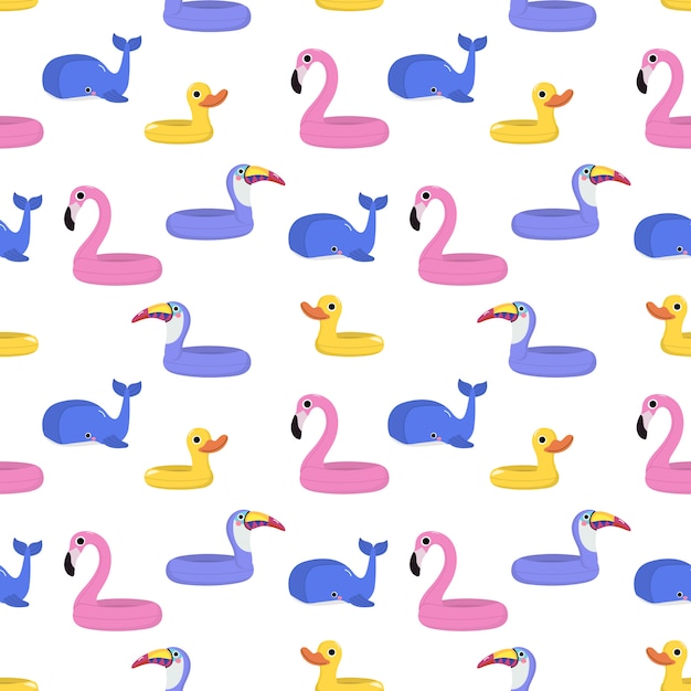 Лето с розовым фламинго, фиолетовый тукан, синий кит и желтая утка плавать резиновое кольцо бесшовные модели.
