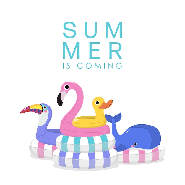 Лето с розовым фламинго, фиолетовым туканом, синим китом и желтой уткой плавает резиновое кольцо
