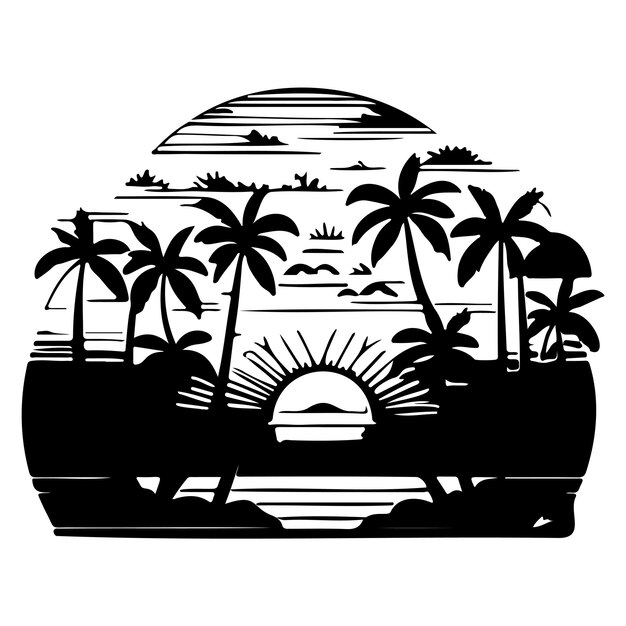 Summer with sunset and palm trees illustration sketch hand draw