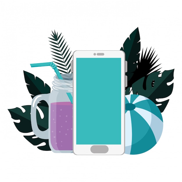 Summer  with tropical leafs and smartphone