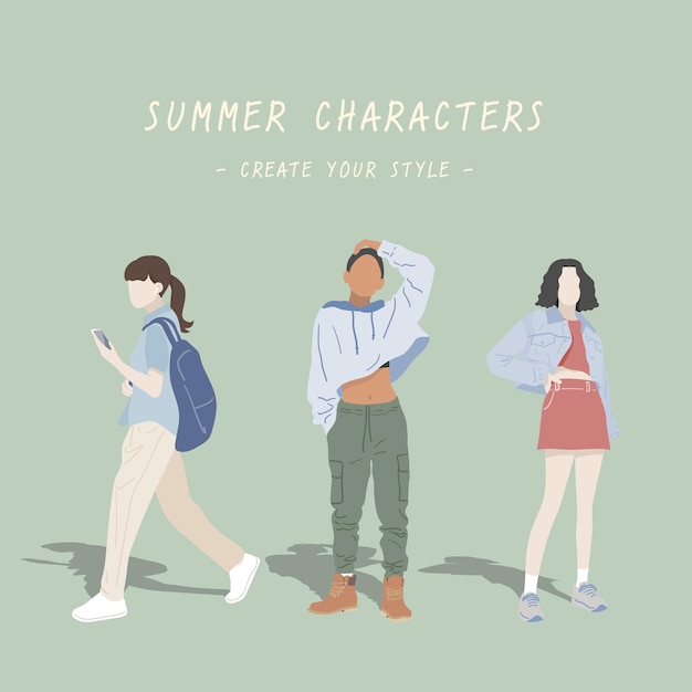 여름 여성 스타일, 귀여운 캐릭터, 패셔너블.
