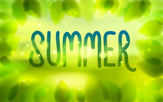 Vector summer word drawn on a window, fresh green leaves blurred background, vector realistic illustration, summertime nature beautiful art.