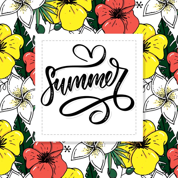 Summer word text lettering calligraphy letters and floral design