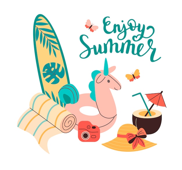 Summertime accessory Vector illustration of surfboard hat cocktail inflatable circle and lettering enjoy summer