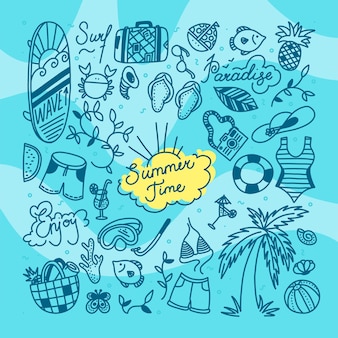 Set di scarabocchi estivi. oggetti per sport acquatici, relax e vacanze tropicali. illustrazione vettoriale