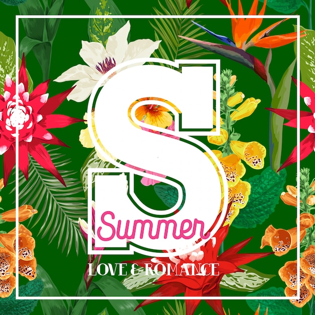 Summertime Floral S letter. Tropical Flowers and Palm Leaves Design