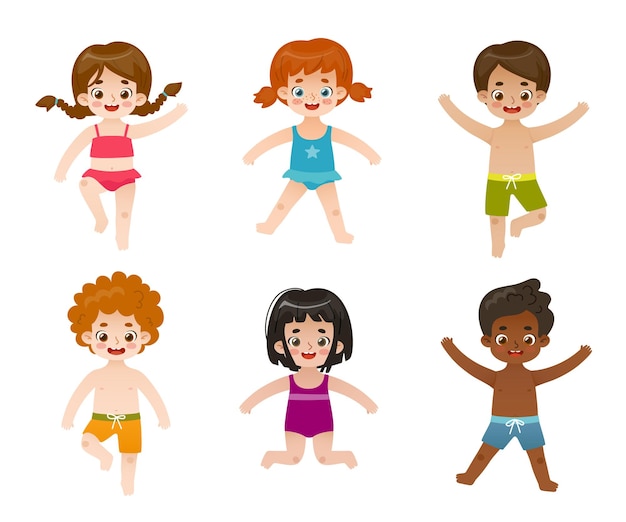 Summertime happy kids set Collection of cartoon summer beach children Bundle of playful baby in swimwear