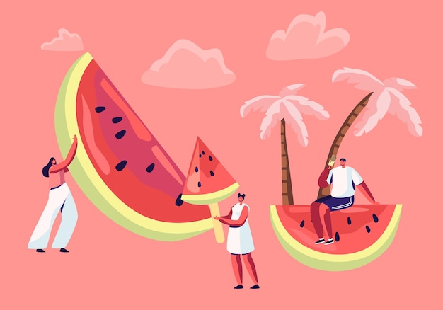 Summertime Leisure, Beach Party. Tiny Male and Female Characters with Huge Watermelon.