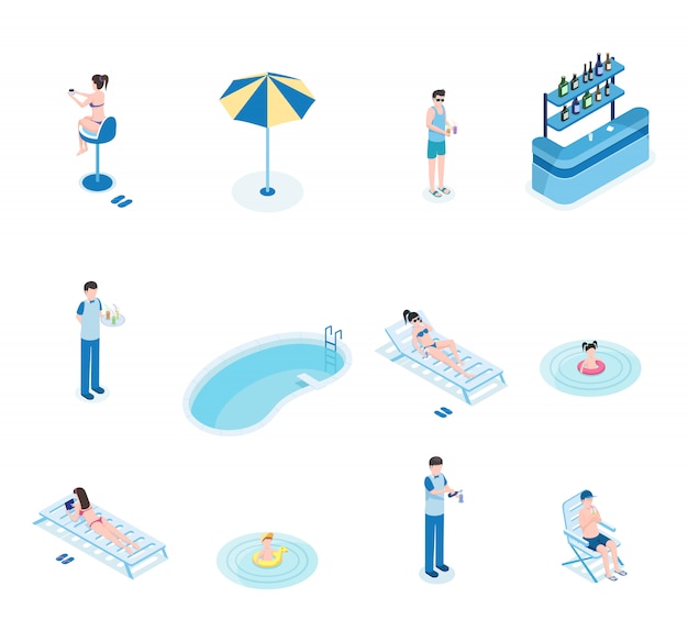 Illustrazioni di vettore isometrico di svago di estate impostate. turisti, barista e cameriere personaggi dei cartoni animati 3d