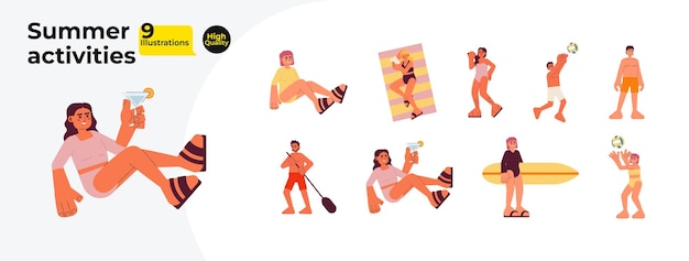 Summertime people diversity cartoon flat illustration bundle Swimwear beach multiracial young adults 2D characters isolated on white background Summer holiday season vector color image collection