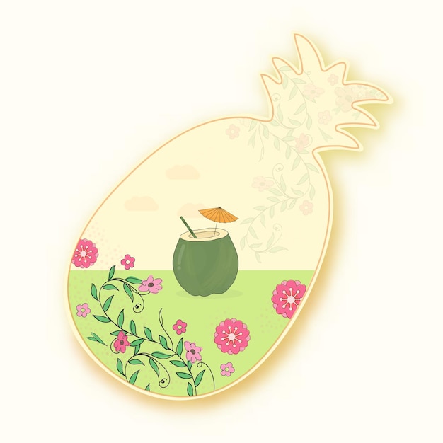 Summertime Pineapple Concept With Coconut Drink And Floral View In Sticker Style On White Background