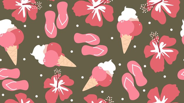 Summertime seamless pattern illustration with hibiscus flowers, ice creams and flip flops