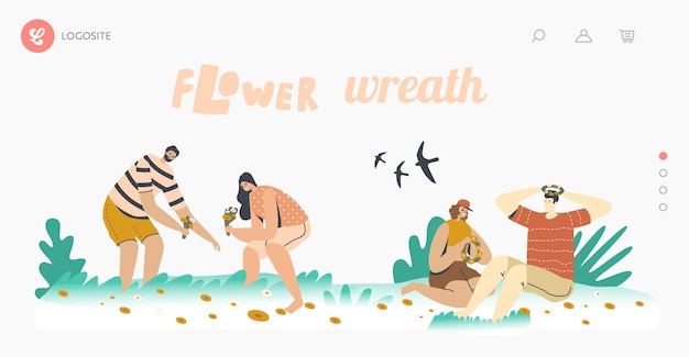 Summertime Season Sparetime, Romance Landing Page Template. Happy Characters Pick Up Flowers for Weaving Wreaths on Green Meadow. Young Couple Sped Time Outdoors. Cartoon People Vector Illustration