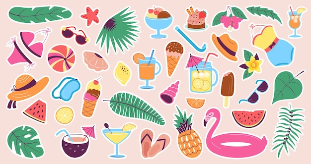 Summertime stickers Cute tropical beach elements fruit lemonade jar and food Travel and vacations seasonal patch Fashionable decent vector kit