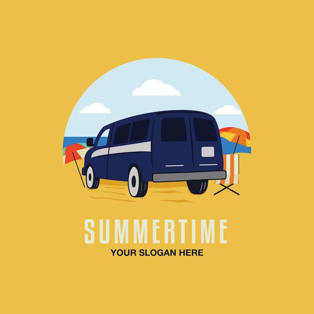 Summertime sufing badge design con rv caravan car on the beach grafica del logo di viaggio etichetta retrò vettore stock isolata su sfondo giallo